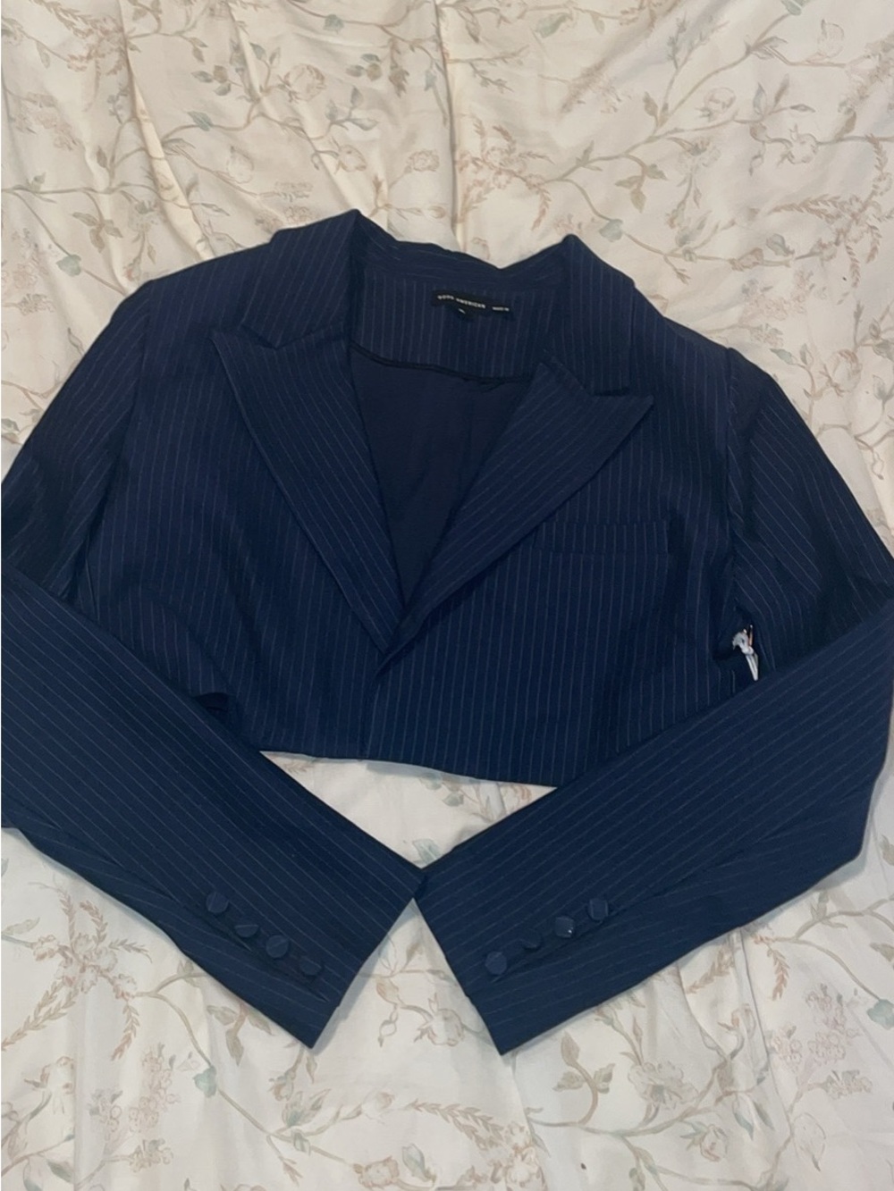 Good American Navy Pinstripe Cropped Blazer